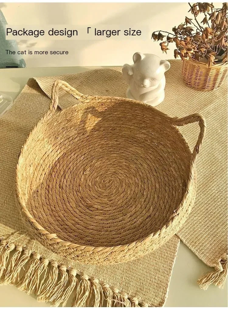 Handmade Woven Cat Bed – 100% Cotton Four-Season Straw Nest, Washable Cozy Pet Bed for Cats