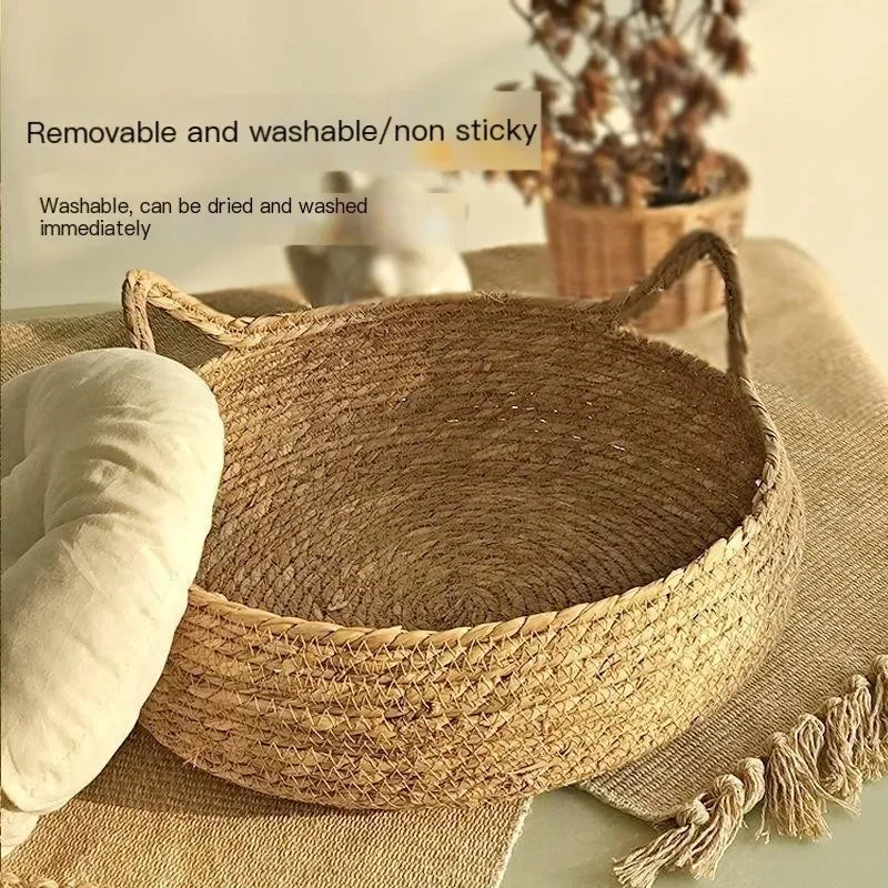 Handmade Woven Cat Bed – 100% Cotton Four-Season Straw Nest, Washable Cozy Pet Bed for Cats