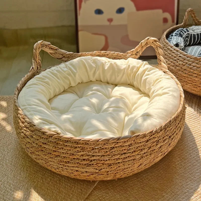 Handmade Woven Cat Bed – 100% Cotton Four-Season Straw Nest, Washable Cozy Pet Bed for Cats