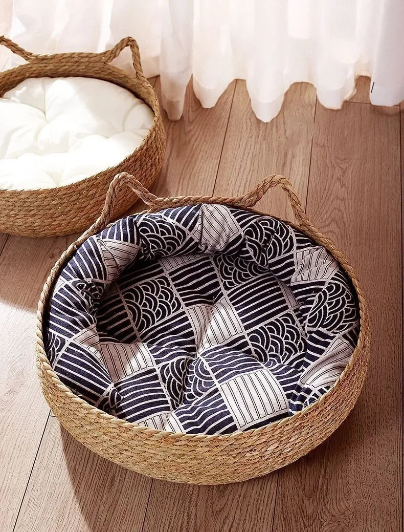 Handmade Woven Cat Bed – 100% Cotton Four-Season Straw Nest, Washable Cozy Pet Bed for Cats