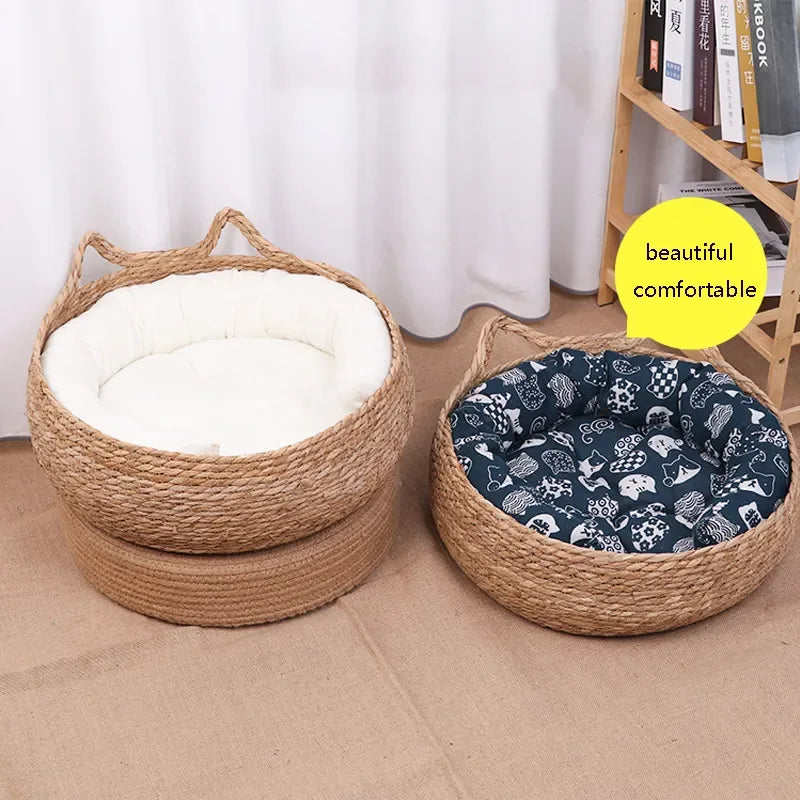 Handmade Woven Cat Bed – 100% Cotton Four-Season Straw Nest, Washable Cozy Pet Bed for Cats