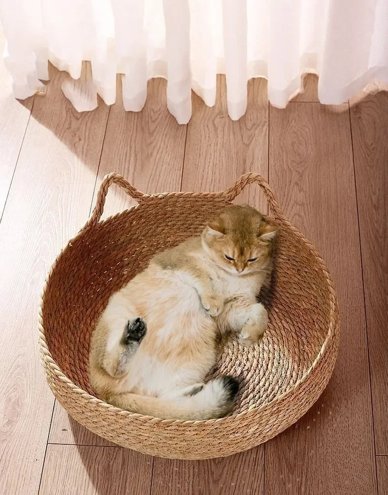 Handmade Woven Cat Bed – 100% Cotton Four-Season Straw Nest, Washable Cozy Pet Bed for Cats