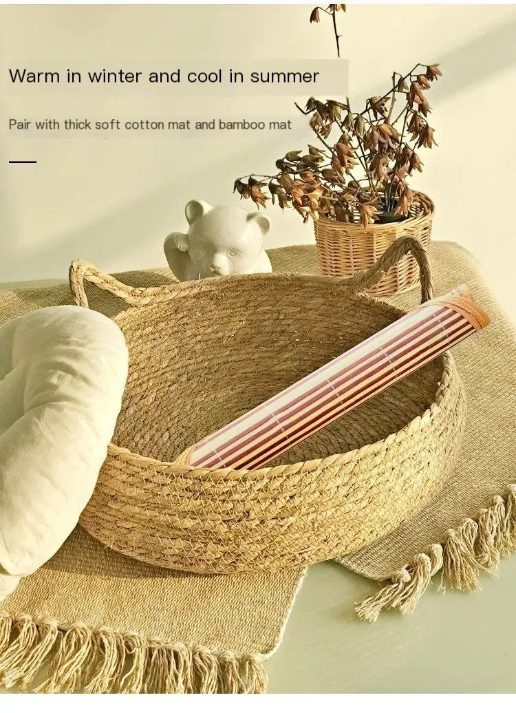 Handmade Woven Cat Bed – 100% Cotton Four-Season Straw Nest, Washable Cozy Pet Bed for Cats