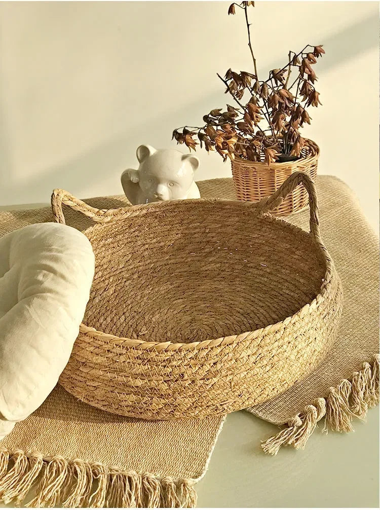 Handmade Woven Cat Bed – 100% Cotton Four-Season Straw Nest, Washable Cozy Pet Bed for Cats