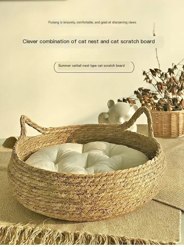Handmade Woven Cat Bed – 100% Cotton Four-Season Straw Nest, Washable Cozy Pet Bed for Cats