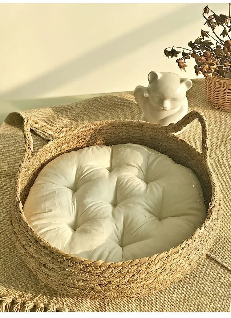 Handmade Woven Cat Bed – 100% Cotton Four-Season Straw Nest, Washable Cozy Pet Bed for Cats
