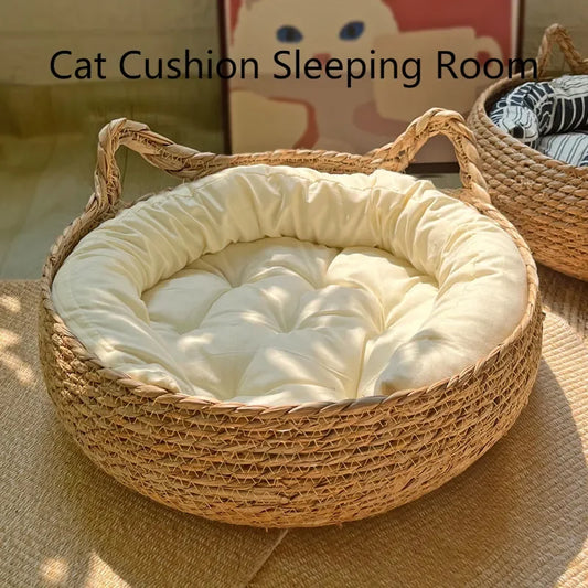 Handmade Woven Cat Bed – 100% Cotton Four-Season Straw Nest, Washable Cozy Pet Bed for Cats