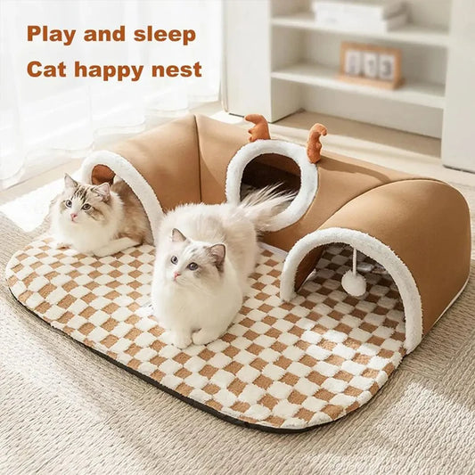 Reindeer Plush Cat Bed – Warm Winter Tunnel Hideaway & Sleep Nest for Indoor Cats